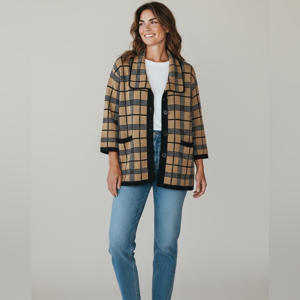 Vintage Sweater Jacket Cardigan 1X Plaid Tan Black 3/4 Sleeves Collared Button
